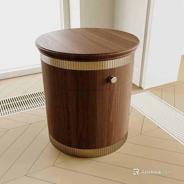 Round Walnut Wooden Bedside Table With Gold Accents And Drawer 3d model 