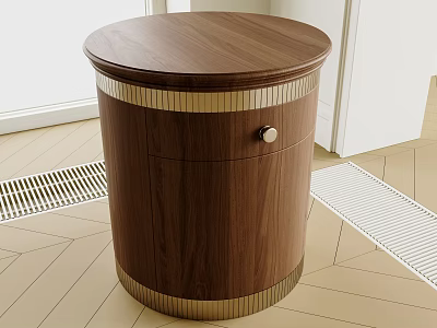 Round Walnut Wooden Bedside Table With Gold Accents And Drawer 3d model