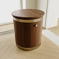 Round Walnut Wooden Bedside Table With Gold Accents And Drawer
