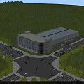 Modern Industrial Factory Building Surrounded by Lush Green Trees Near Roads And Blue Roof