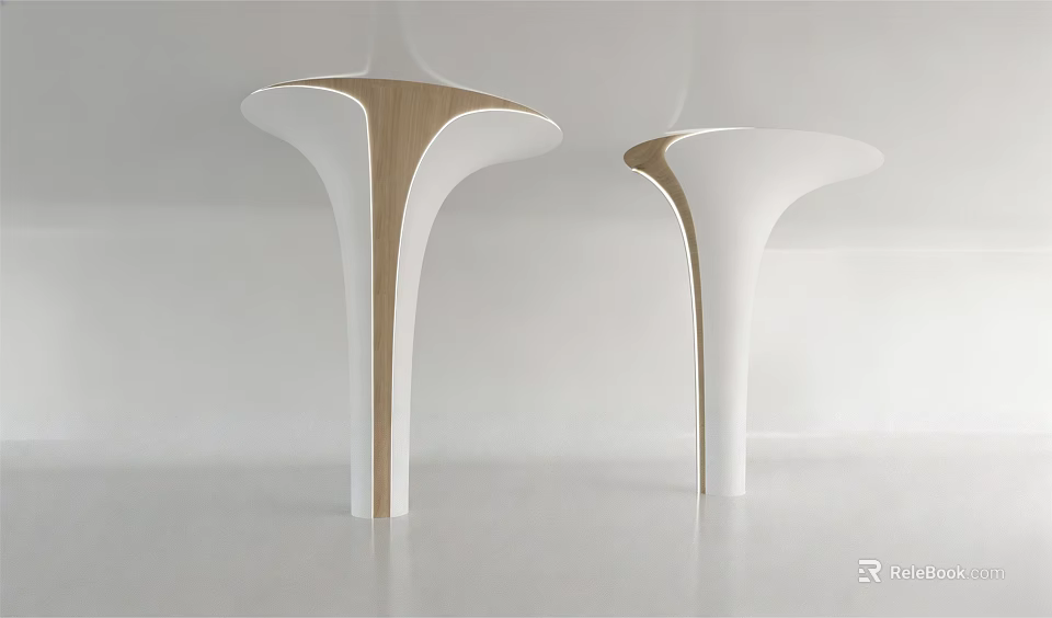 Modern Wooden And White Columns With Streamlined Curved Design In Indoor Space 3d model 
