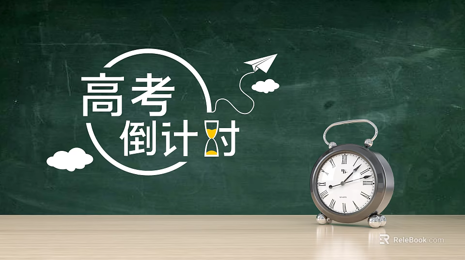 Gaokao Countdown Display On Green Blackboard With Alarm Clock And Paper Plane 3d model 