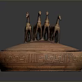 Artistic Sculpture Carving With Three Horse Figures On Round Geometric Patterned Vessel
