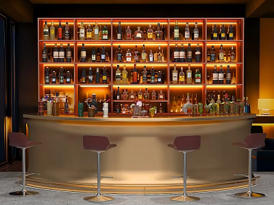 Interactive Bar Area With Warm Lighting Shelves Full Of Bottles And Red Stools 3d model