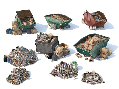Garbage Trash Bins With Scattered Waste Piles And Various Rubbish Materials 3d model