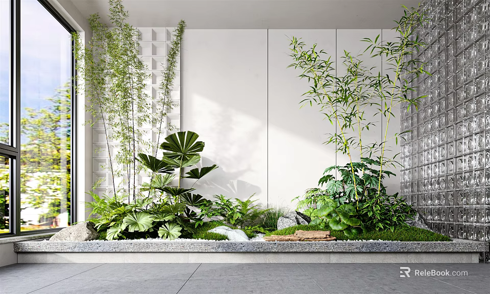 Small Indoor Garden Corner with Bamboo Large Leaf Plants Plant Bed White Walls Glass Windows 3d model 