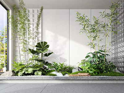 Small Indoor Garden Corner with Bamboo Large Leaf Plants Plant Bed White Walls Glass Windows 3d model