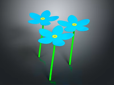 Three Blue Flowers With Green Stems Against Dark Background For Home Decor 3d model