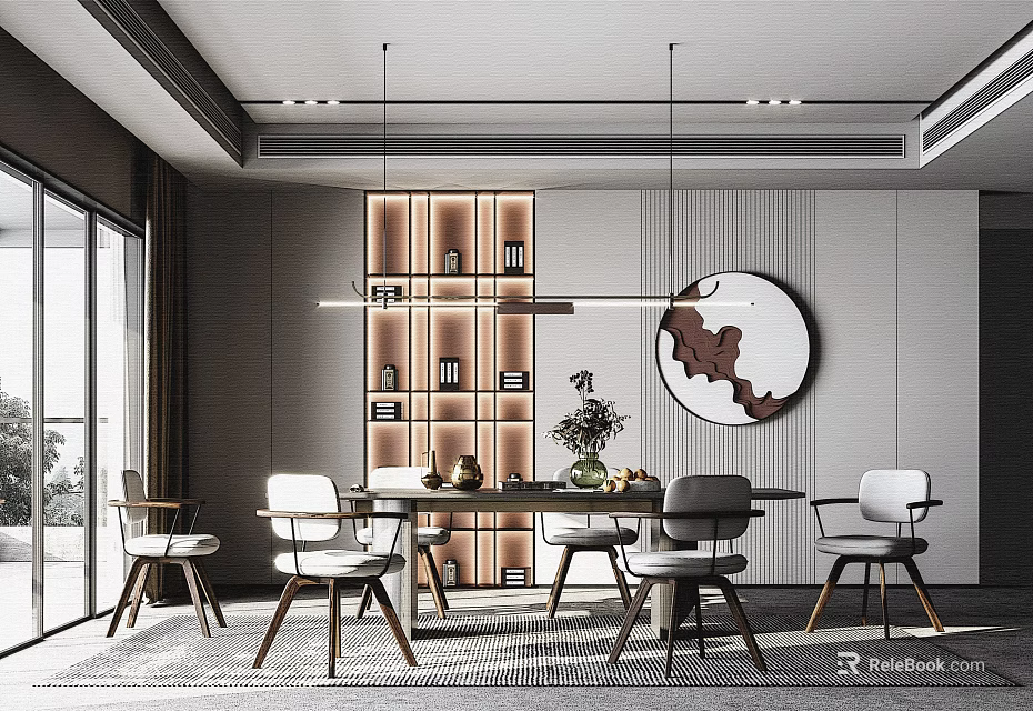 Modern Restaurant Interior With Dining Table Chairs Round Decorative Painting Shelf Cabinet And Pendant Lights 3d model 