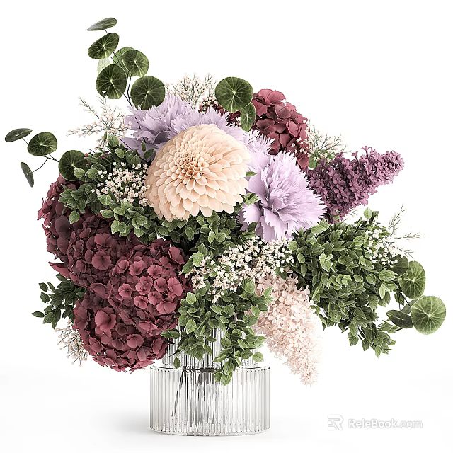 Transparent Glass Vase With Pink Purple Dark Red Flowers Green Leaves And Small White Blooms 3d model 