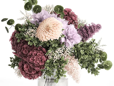 Transparent Glass Vase With Pink Purple Dark Red Flowers Green Leaves And Small White Blooms 3d model