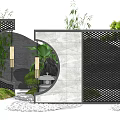 Modern Garden Wall Design With Circular Window Green Plants And Pebble Path 3d model