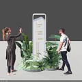 People Taking Selfie And Checking Stand Information Signboard With Green Plants