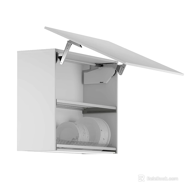 White Kitchen Cabinet With Upward Opening Door Revealing Shelves Storing Plates 3d model 