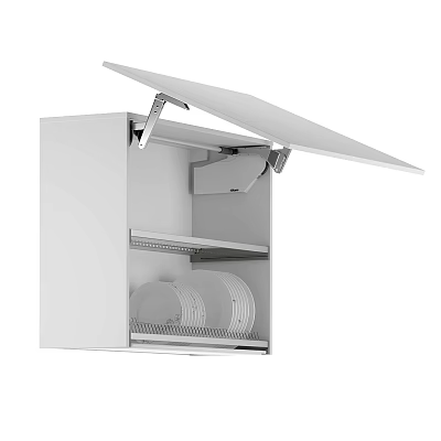 White Kitchen Cabinet With Upward Opening Door Revealing Shelves Storing Plates 3d model