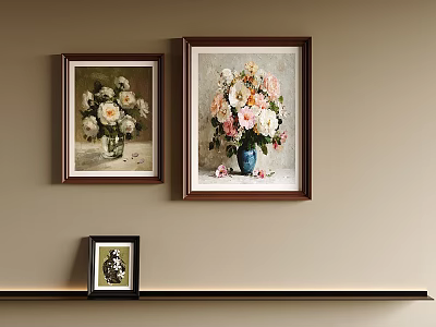 Framed Floral Oil Paintings With Flower Vases On Beige Wall And Small Photo Frame 3d model