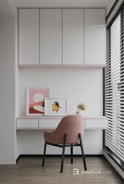 Study Room Interior Design With White Cabinets Pink Chair Framed Artwork and Window Blinds 3d model 