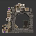 Stone Building With Arched Doorway Balcony Stacked Wooden Crates Purple Markers And White Drapes