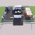 Exhibition Booth With Car Display Screen Outdoor Seating And Umbrella Shade Setup