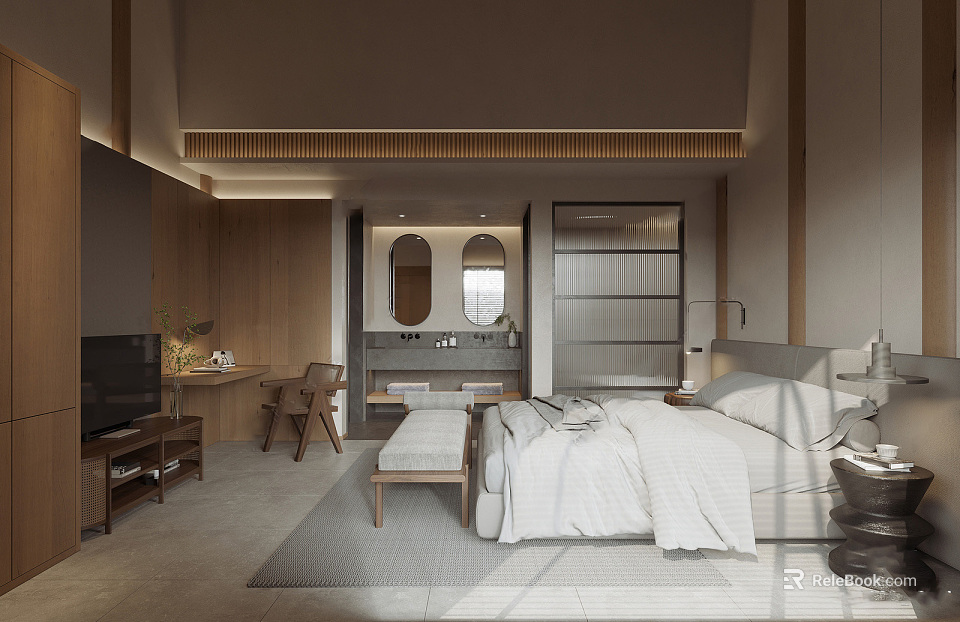 Modern Hotel Room Interior With King Bed Wooden Elements And Area Rug 3d model 