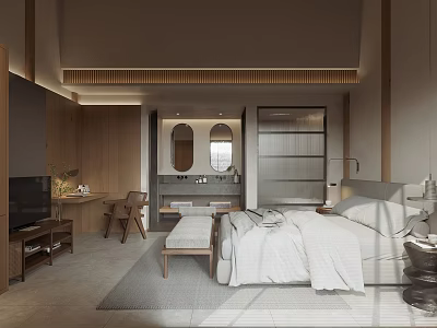 Modern Hotel Room Interior With King Bed Wooden Elements And Area Rug 3d model