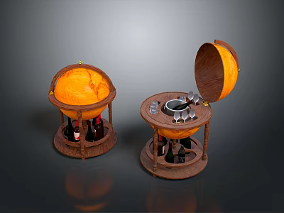 Wooden Wine Storage Stand With Orange Dome Lid Open And Wine Bottles Glasses 3d model