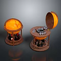 Wooden Wine Storage Stand With Orange Dome Lid Open And Wine Bottles Glasses