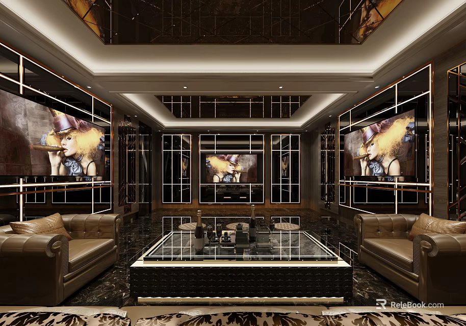 Luxurious KTV Room Interior With Leather Sofas Coffee Table Large Screen And Decorative Paintings 3d model 