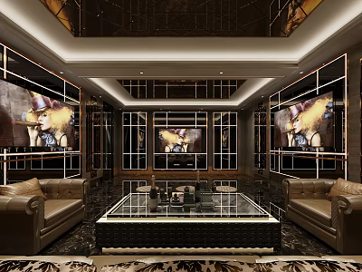 Luxurious KTV Room Interior With Leather Sofas Coffee Table Large Screen And Decorative Paintings 3d model