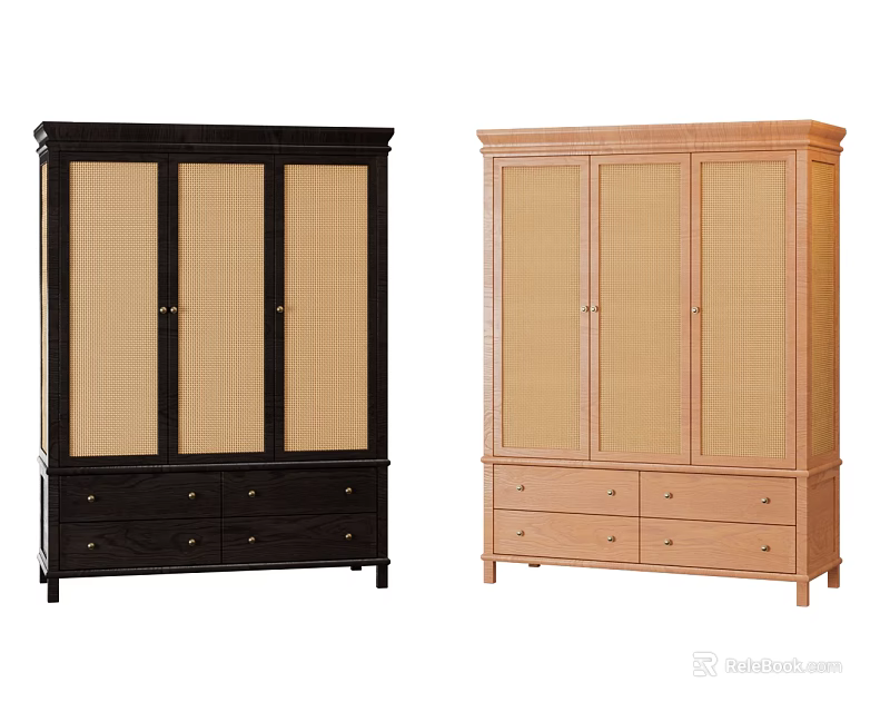 Stylish Black and Natural Wood Bookcases with Rattan Doors and Storage Drawers 3d model 