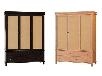 Stylish Black and Natural Wood Bookcases with Rattan Doors and Storage Drawers 3d model