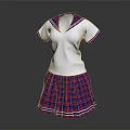 White Short Sleeve Sailor Top With Red Blue Plaid Pleated Skirt Outfit
