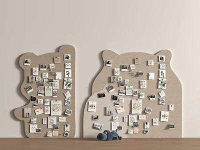 Bear Shaped Corkboards Covered With Various Photos And Small Cards With Small Decor Items Nearby 3d model