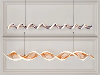 Spiral Shaped Chandeliers with Purple and Orange Hues Mounted on White Wall with Decorative Lines 3d model