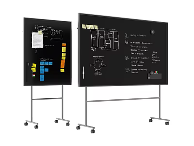 Functional Wall Hanging With Blueprints Sticky Notes And Colorful Squares On Movable Blackboard Stand 3d model