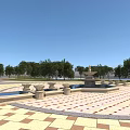 Garden Ornaments With Multi Tiered Fountain Curved Water Pool Circular Stone Pedestals And Checkerboard Paving