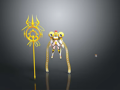 Divine Mythical Character With Golden Radiant Staff And Ornate Decorative Elements 3d model