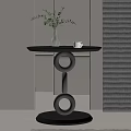 Modern Minimalist Side Table With Black Tabletop Silver Ring Base And Greenery Vase 3d model