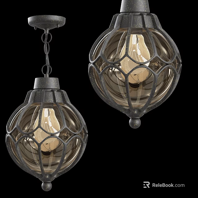 Two Vintage Industrial Pendant Lights With Metal Cage Glass Shade And Bulb 3d model 