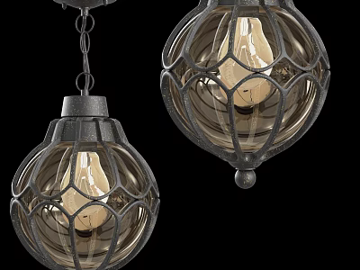Two Vintage Industrial Pendant Lights With Metal Cage Glass Shade And Bulb 3d model