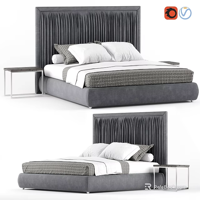 Modern Upholstered Gray Double Bed With Striped Headboard White Bedding And Nightstand 3d model