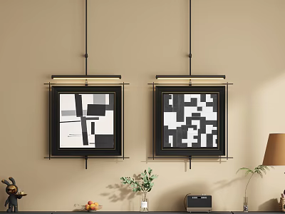 Black Framed Abstract Paintings Hanging On Beige Wall With Green Plant And Table Lamp 3d model