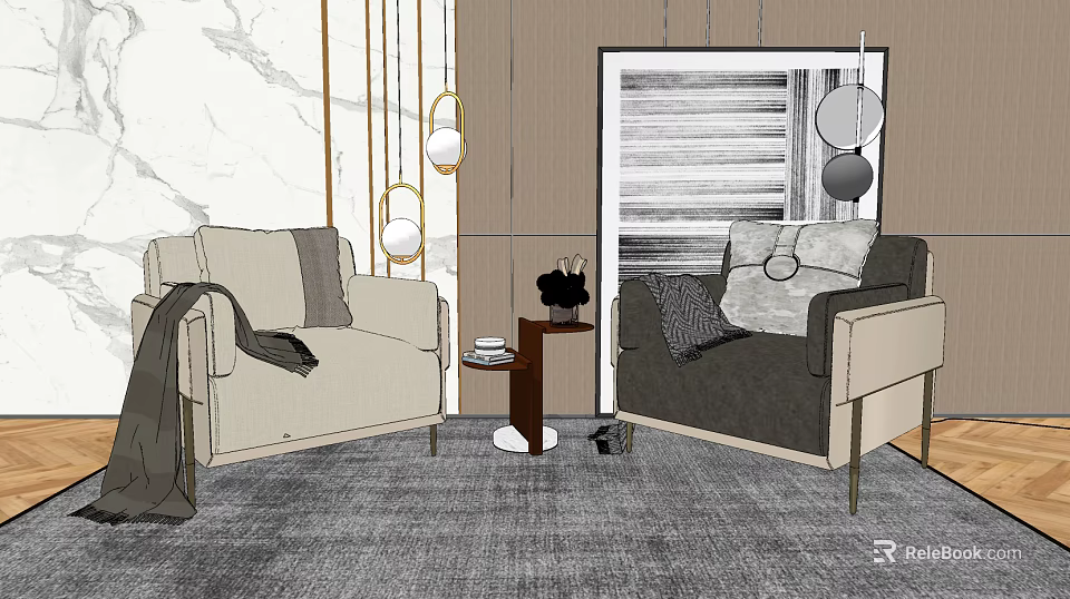 Casual Sofa Set with Two Sofas Throw Pillows Blanket Side Table and Pendant Lights 3d model