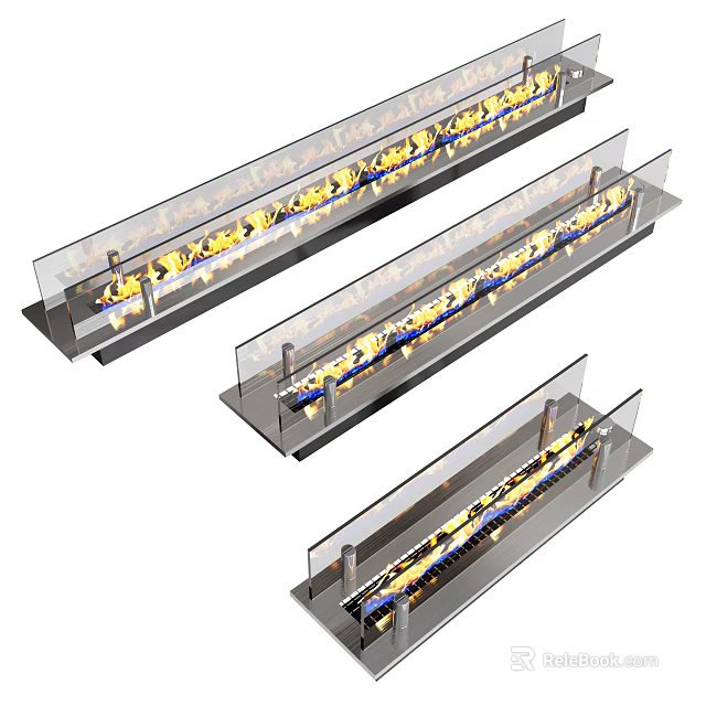 Modern Linear Fireplaces With Glass Front Realistic Flames And Sleek Metal Frame 3d model 