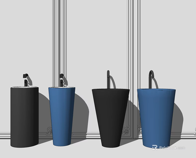 Modern Black And Blue Washbasins With Faucets On Decorative Bathroom Wall 3d model 