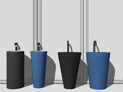 Modern Black And Blue Washbasins With Faucets On Decorative Bathroom Wall 3d model