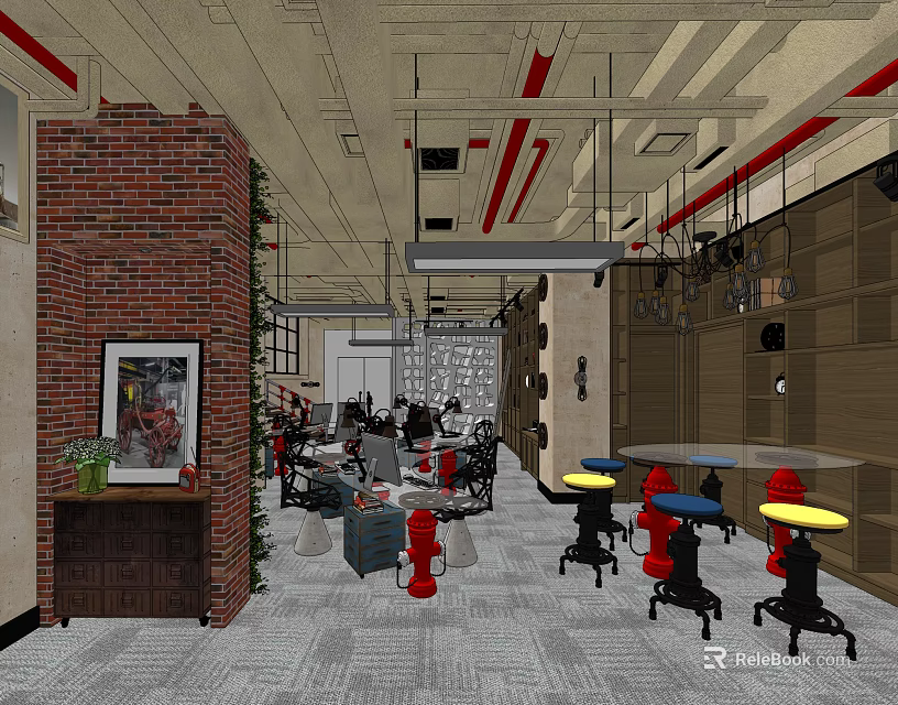 Industrial Style Internet Cafe Interior With Brick Wall Red Pipes And Seating Areas 3d model 