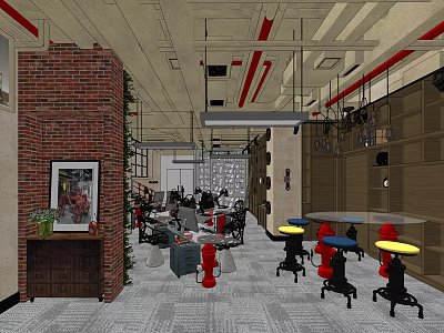 Industrial Style Internet Cafe Interior With Brick Wall Red Pipes And Seating Areas 3d model