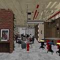 Industrial Style Internet Cafe Interior With Brick Wall Red Pipes And Seating Areas