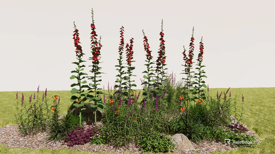 Tall Red Foxglove Surrounded by Low Purple Orange Flowers Green Herbs Stones and Mulch 3d model 